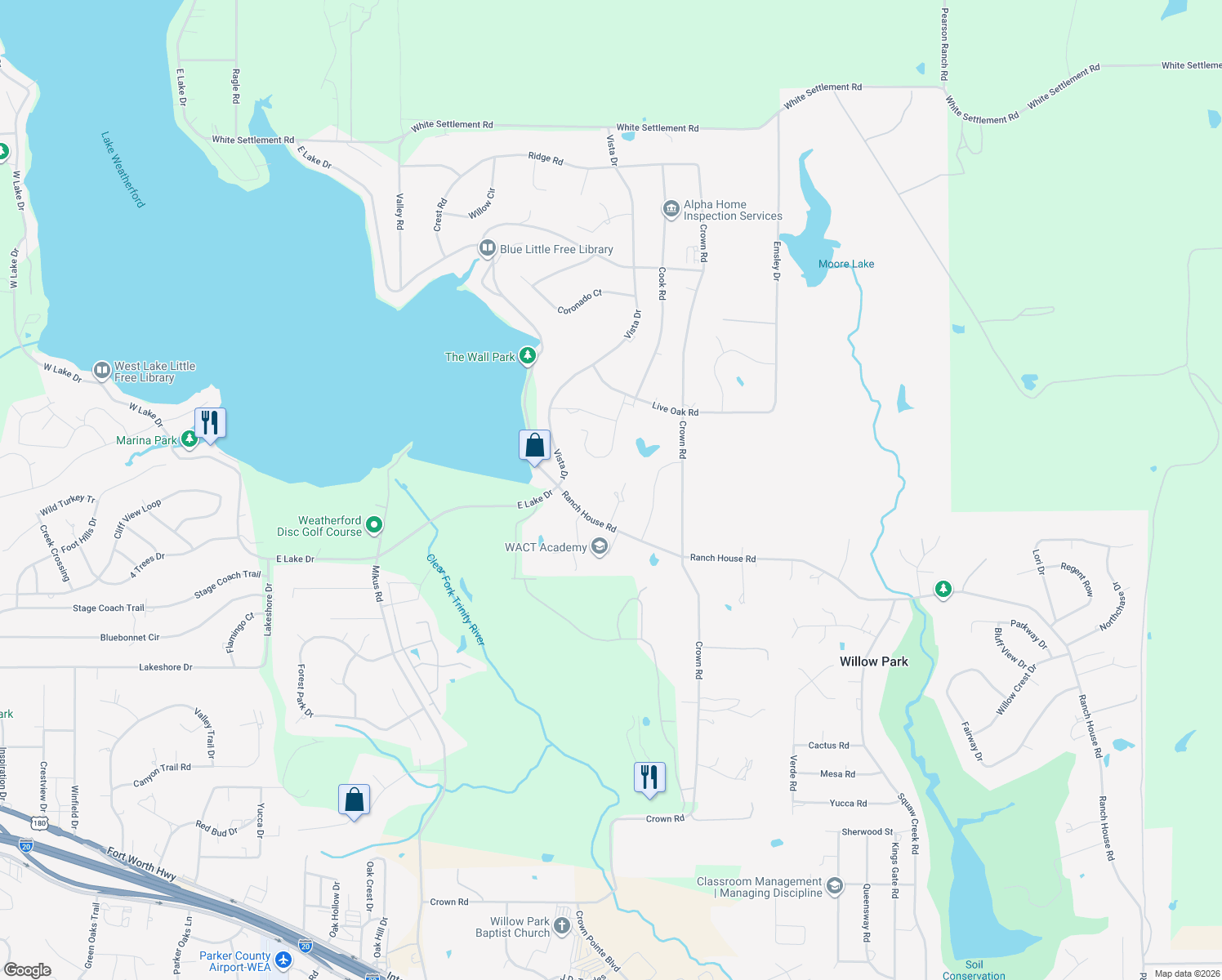 map of restaurants, bars, coffee shops, grocery stores, and more near 117 Post Oak Court in Willow Park
