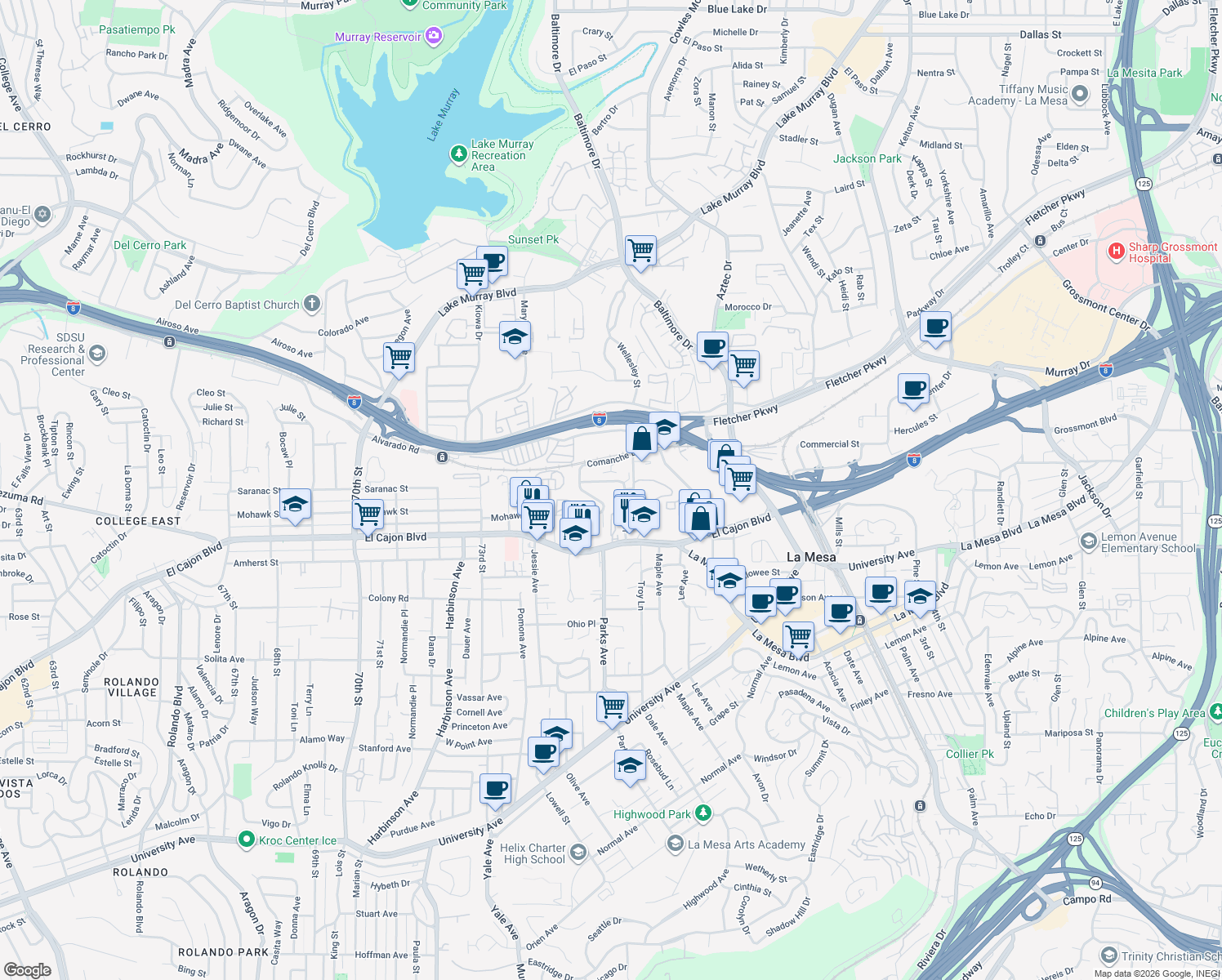 map of restaurants, bars, coffee shops, grocery stores, and more near 5048 Thorne Drive in La Mesa