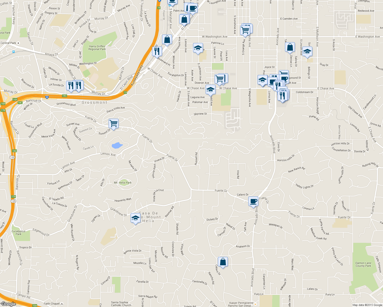 map of restaurants, bars, coffee shops, grocery stores, and more near 10450 Russell Road in La Mesa