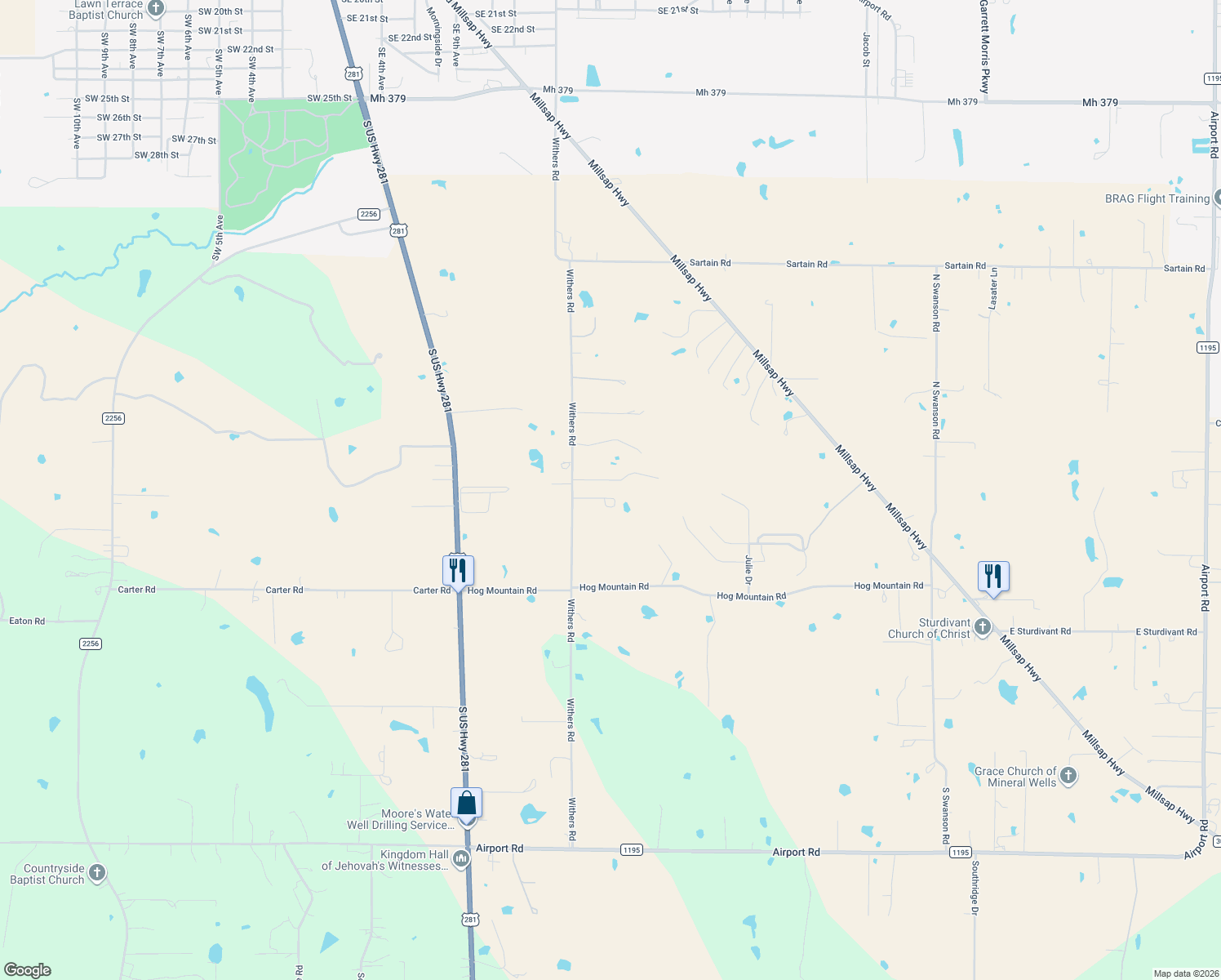 map of restaurants, bars, coffee shops, grocery stores, and more near 1027 Withers Road in Mineral Wells