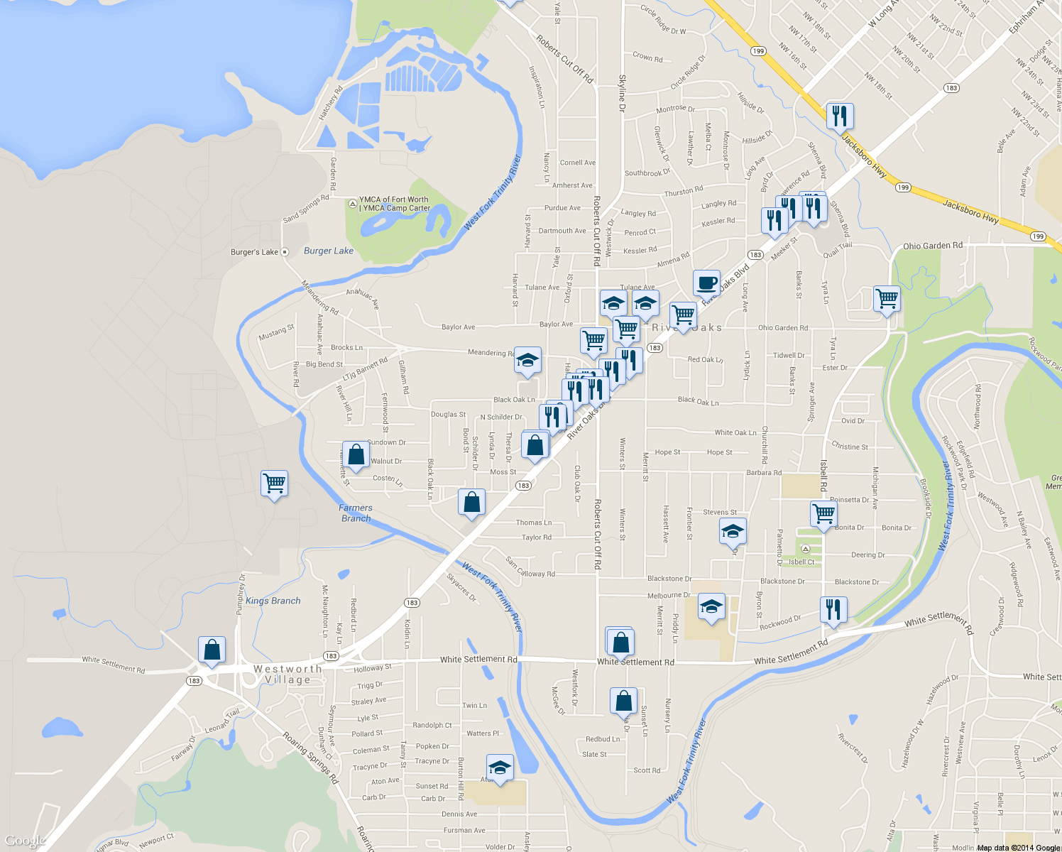 map of restaurants, bars, coffee shops, grocery stores, and more near 820 Walter Drive in River Oaks