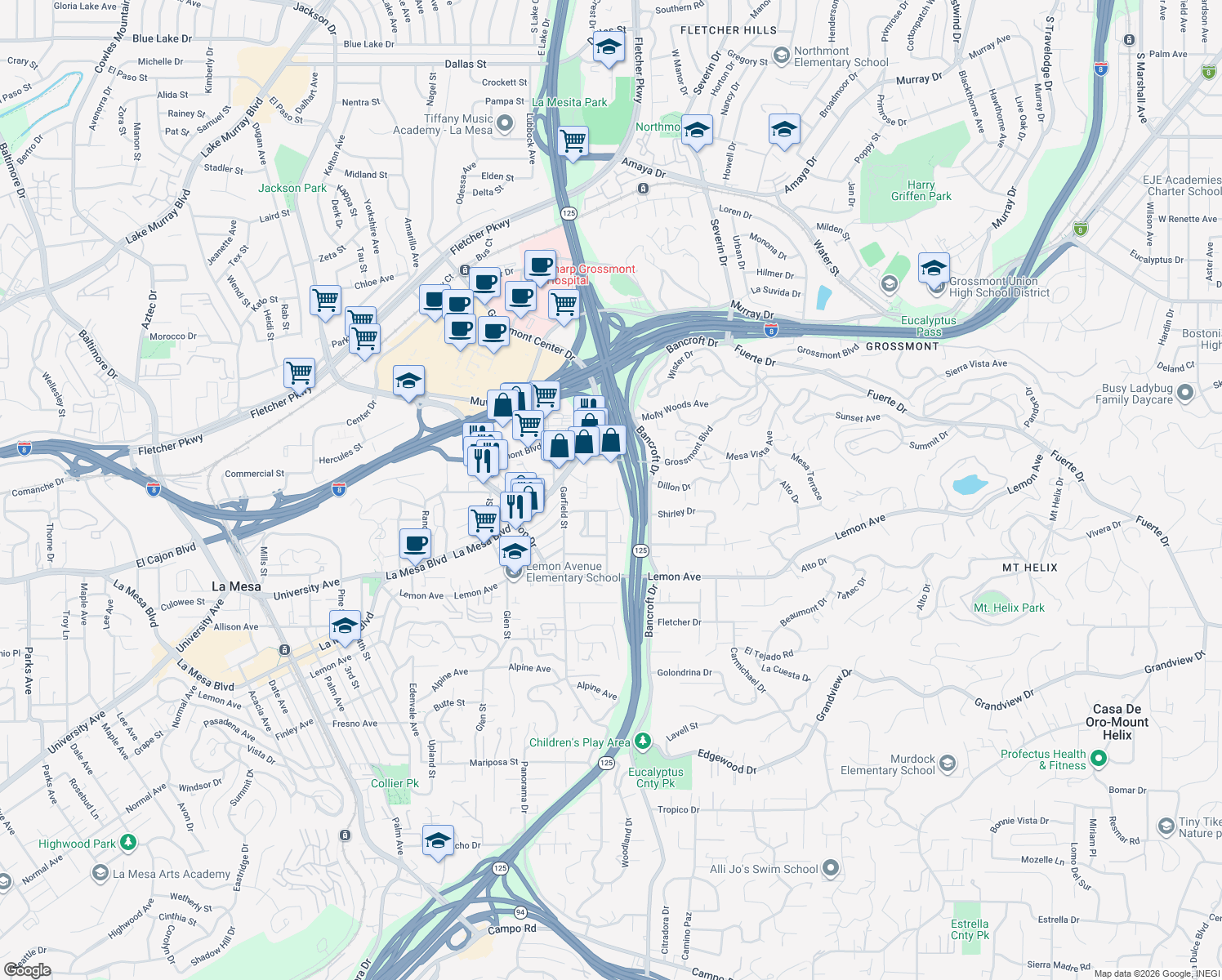 map of restaurants, bars, coffee shops, grocery stores, and more near 5121 Harmony Lane in La Mesa