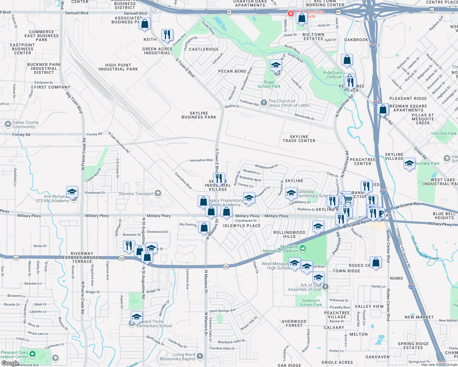 map of restaurants, bars, coffee shops, grocery stores, and more near 4904 Executive Blvd in Mesquite