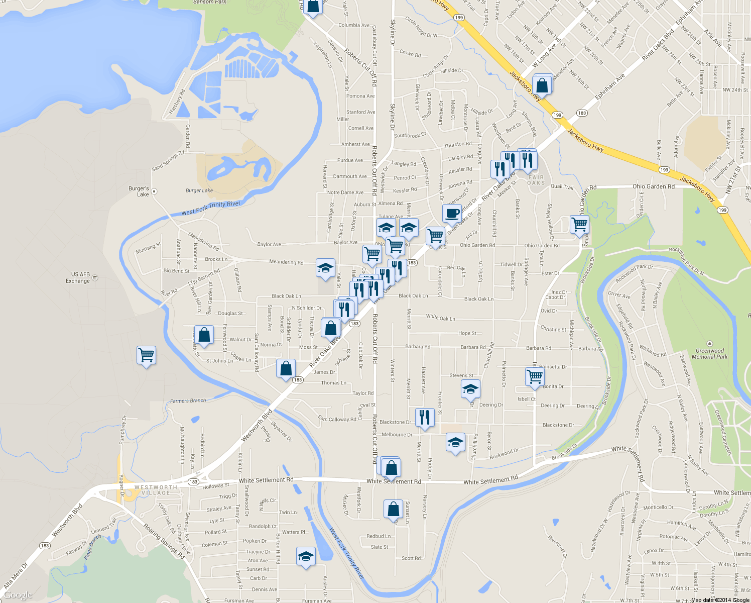 map of restaurants, bars, coffee shops, grocery stores, and more near River Oaks Blvd & Roberts Cut Off Rd in River Oaks
