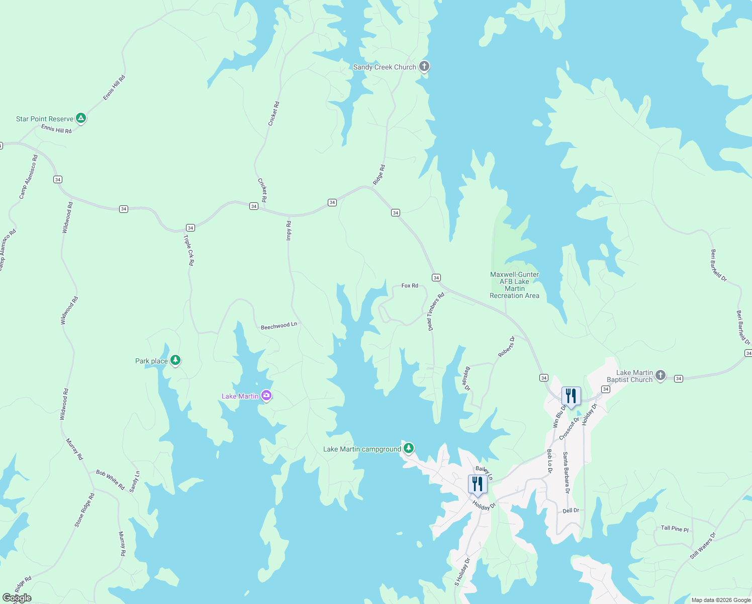 map of restaurants, bars, coffee shops, grocery stores, and more near Fox Road in Dadeville