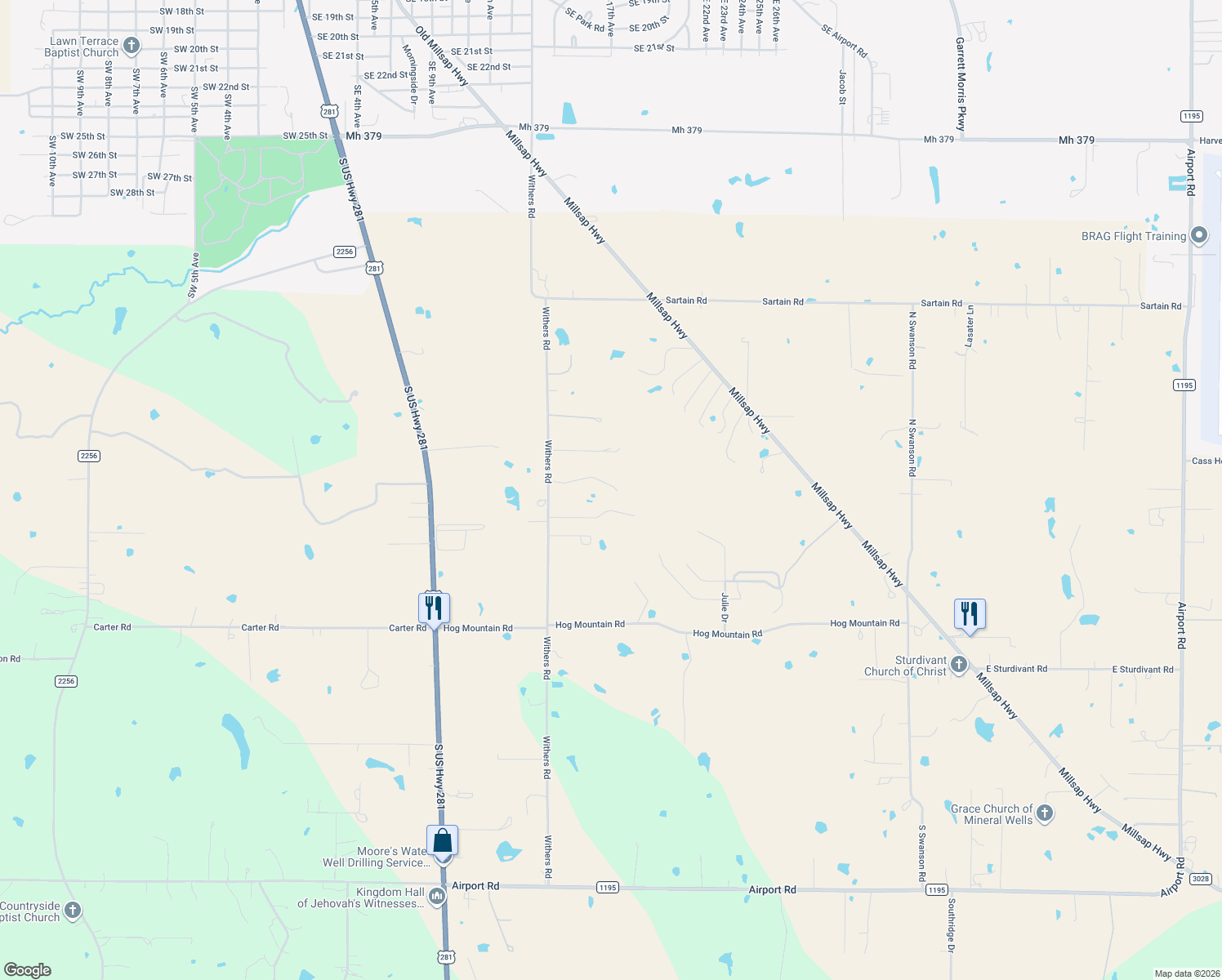 map of restaurants, bars, coffee shops, grocery stores, and more near 873 Withers Road in Mineral Wells