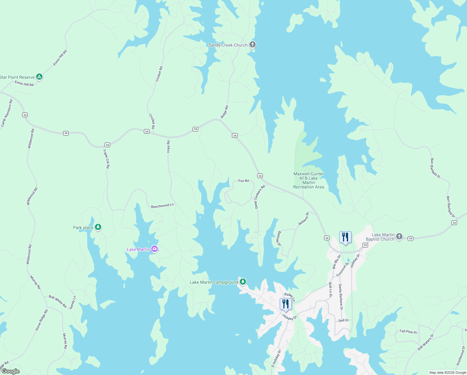 map of restaurants, bars, coffee shops, grocery stores, and more near Fox Road in Tallapoosa County