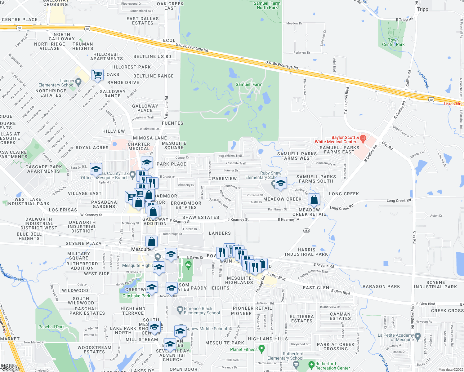 map of restaurants, bars, coffee shops, grocery stores, and more near Dandelion Drive in Mesquite