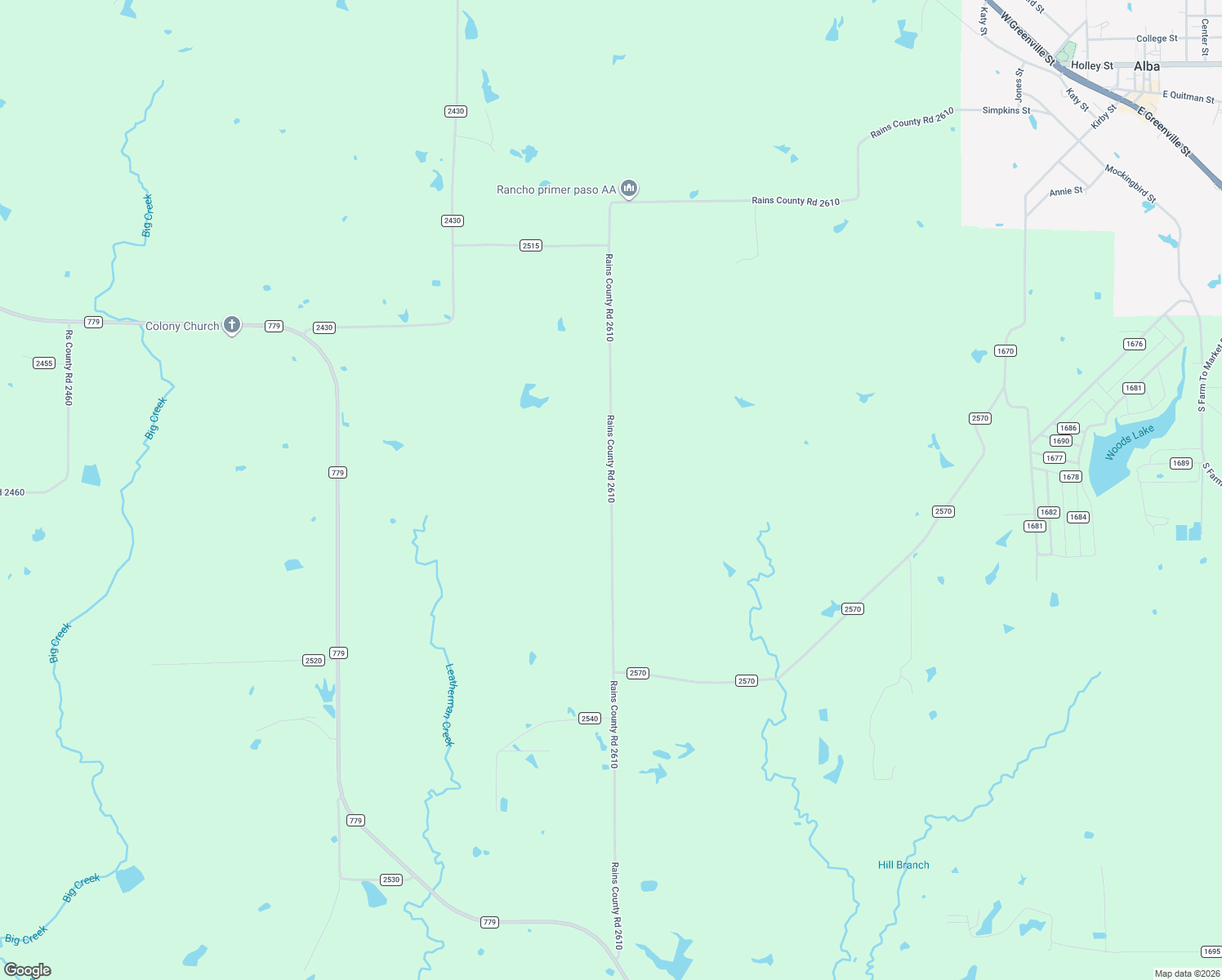 map of restaurants, bars, coffee shops, grocery stores, and more near 721 County Road 2610 in Alba