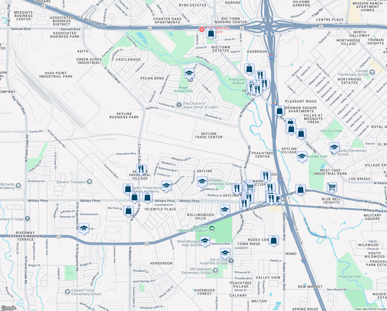map of restaurants, bars, coffee shops, grocery stores, and more near 2425 Whippoorwill Drive in Mesquite