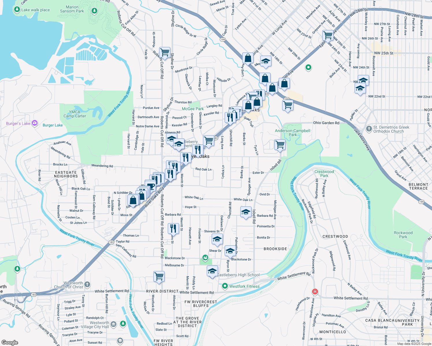 map of restaurants, bars, coffee shops, grocery stores, and more near 928 Red Oak Ln in River Oaks