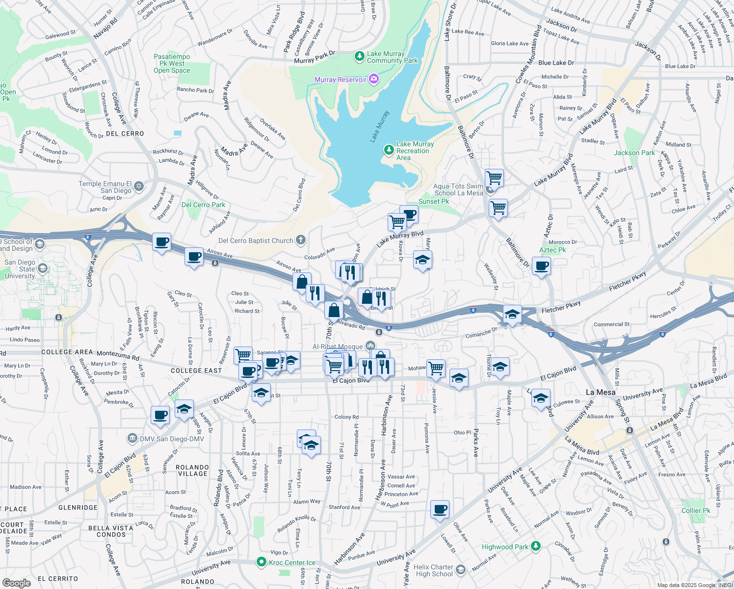 map of restaurants, bars, coffee shops, grocery stores, and more near 5340 Mary Fellows Avenue in La Mesa