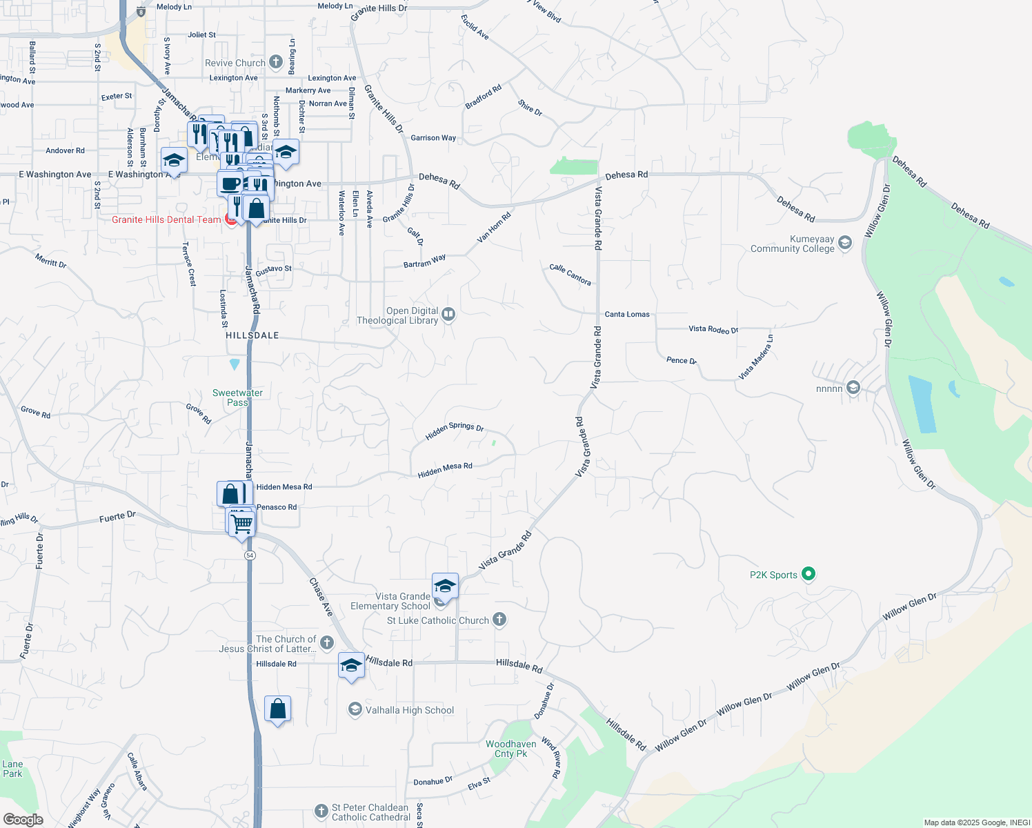 map of restaurants, bars, coffee shops, grocery stores, and more near 1302 Hidden Plateau Court in El Cajon