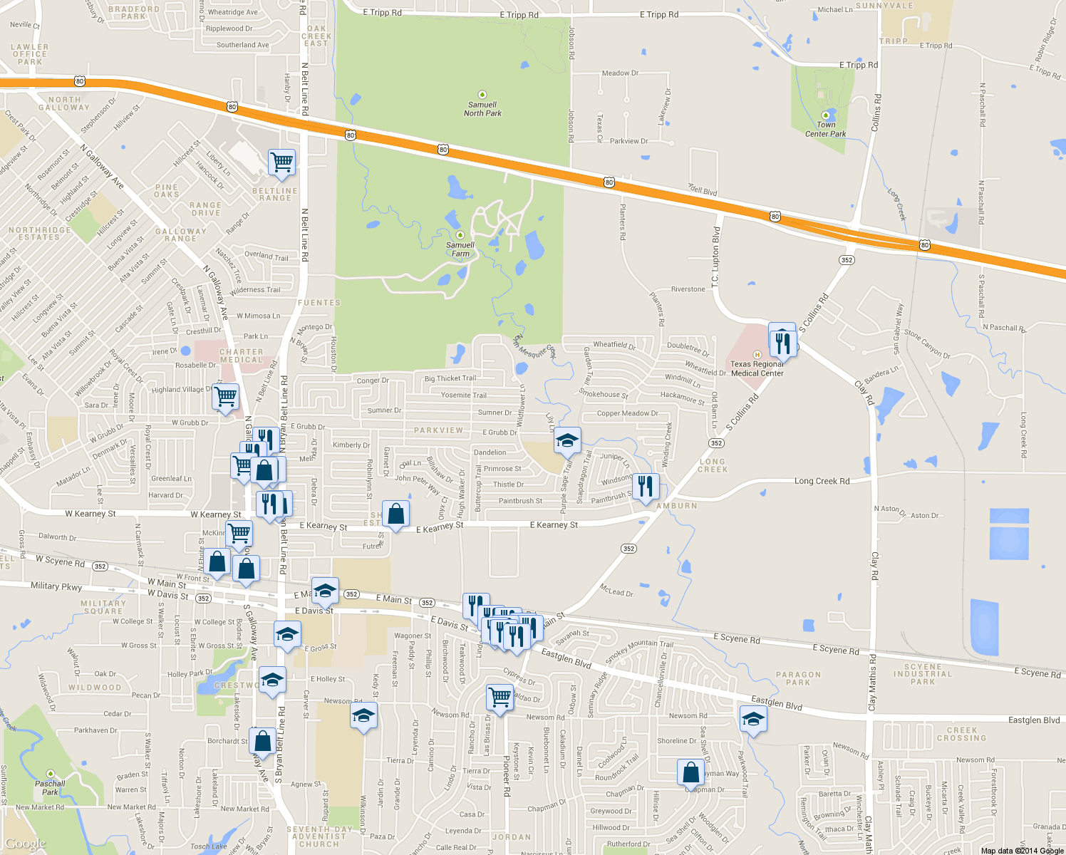 map of restaurants, bars, coffee shops, grocery stores, and more near 1013 East Grubb Drive in Mesquite