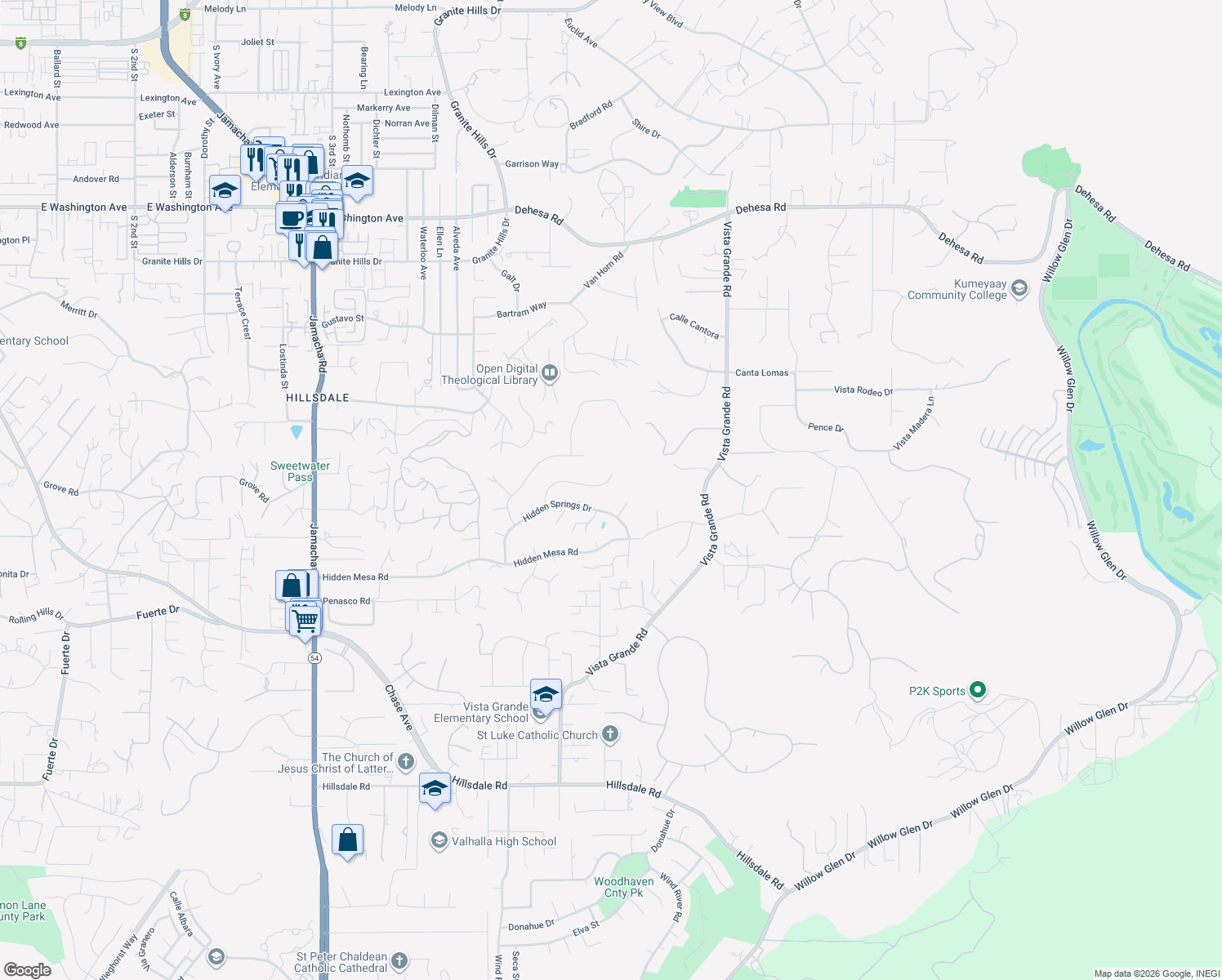 map of restaurants, bars, coffee shops, grocery stores, and more near 2023 Hidden Crest Drive in El Cajon