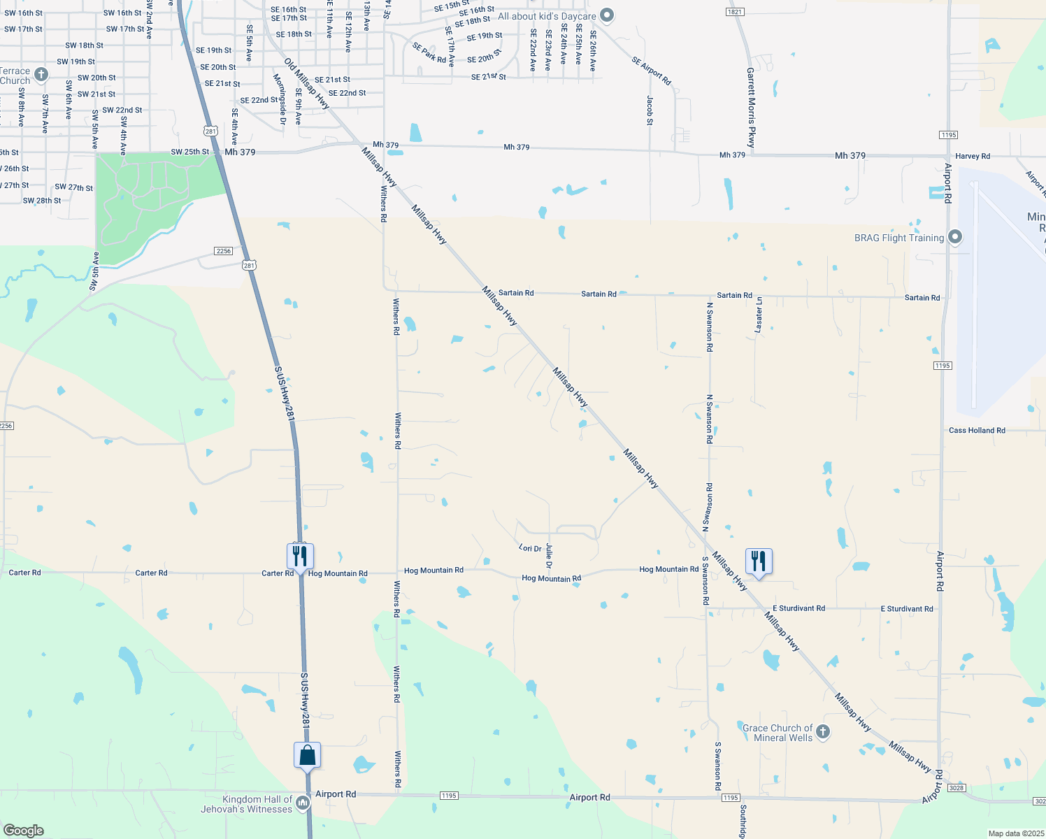 map of restaurants, bars, coffee shops, grocery stores, and more near 912 Millsap Highway in Mineral Wells