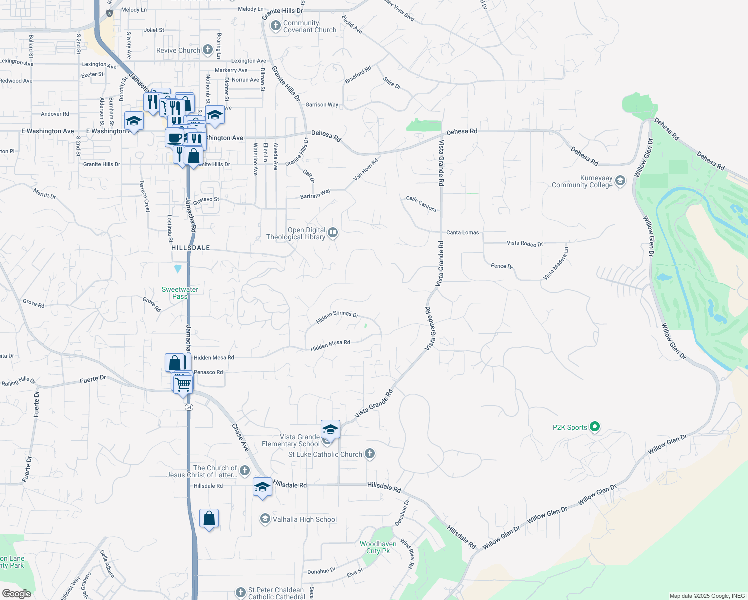 map of restaurants, bars, coffee shops, grocery stores, and more near 1302 Hidden Plateau Court in El Cajon
