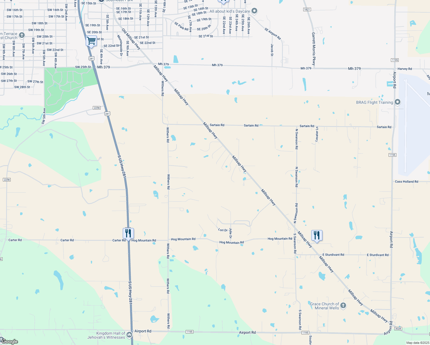 map of restaurants, bars, coffee shops, grocery stores, and more near 912 Millsap Highway in Mineral Wells