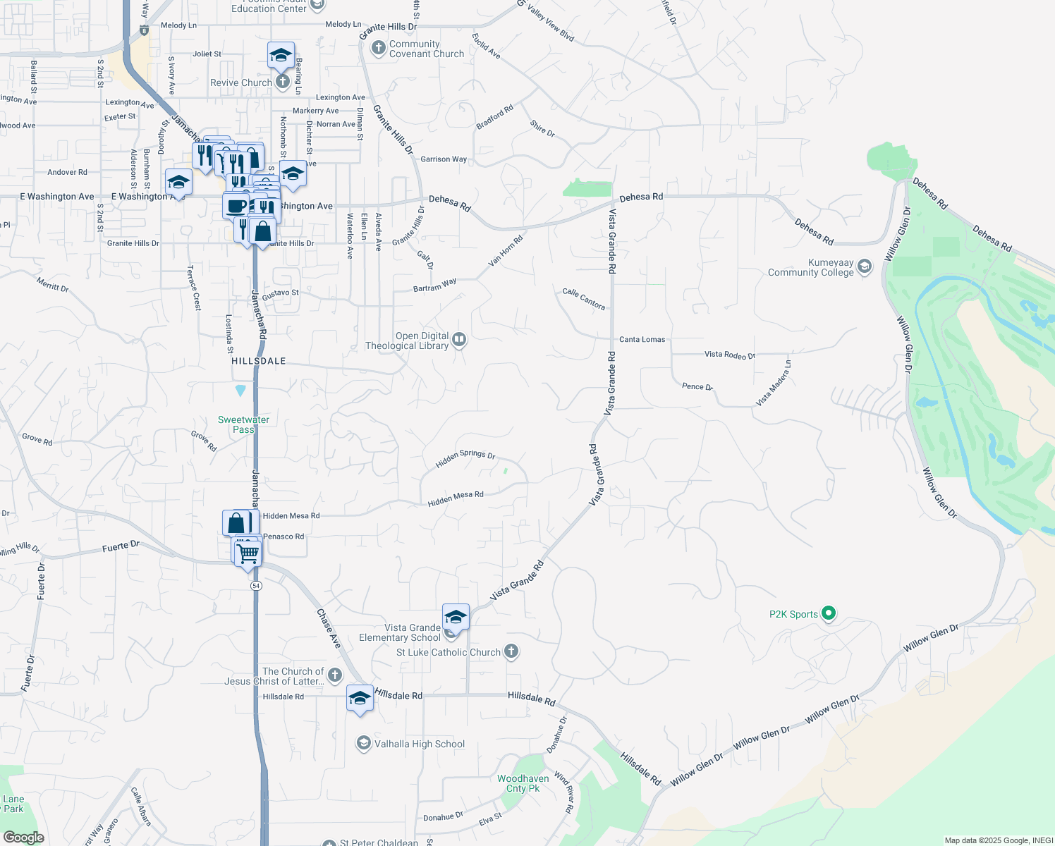 map of restaurants, bars, coffee shops, grocery stores, and more near 2057 Hidden Crest Drive in El Cajon