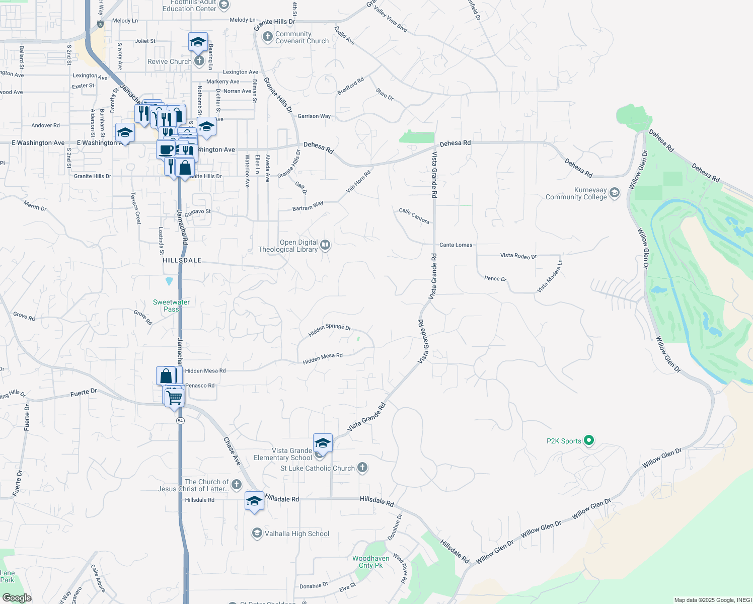 map of restaurants, bars, coffee shops, grocery stores, and more near 2057 Hidden Crest Drive in El Cajon