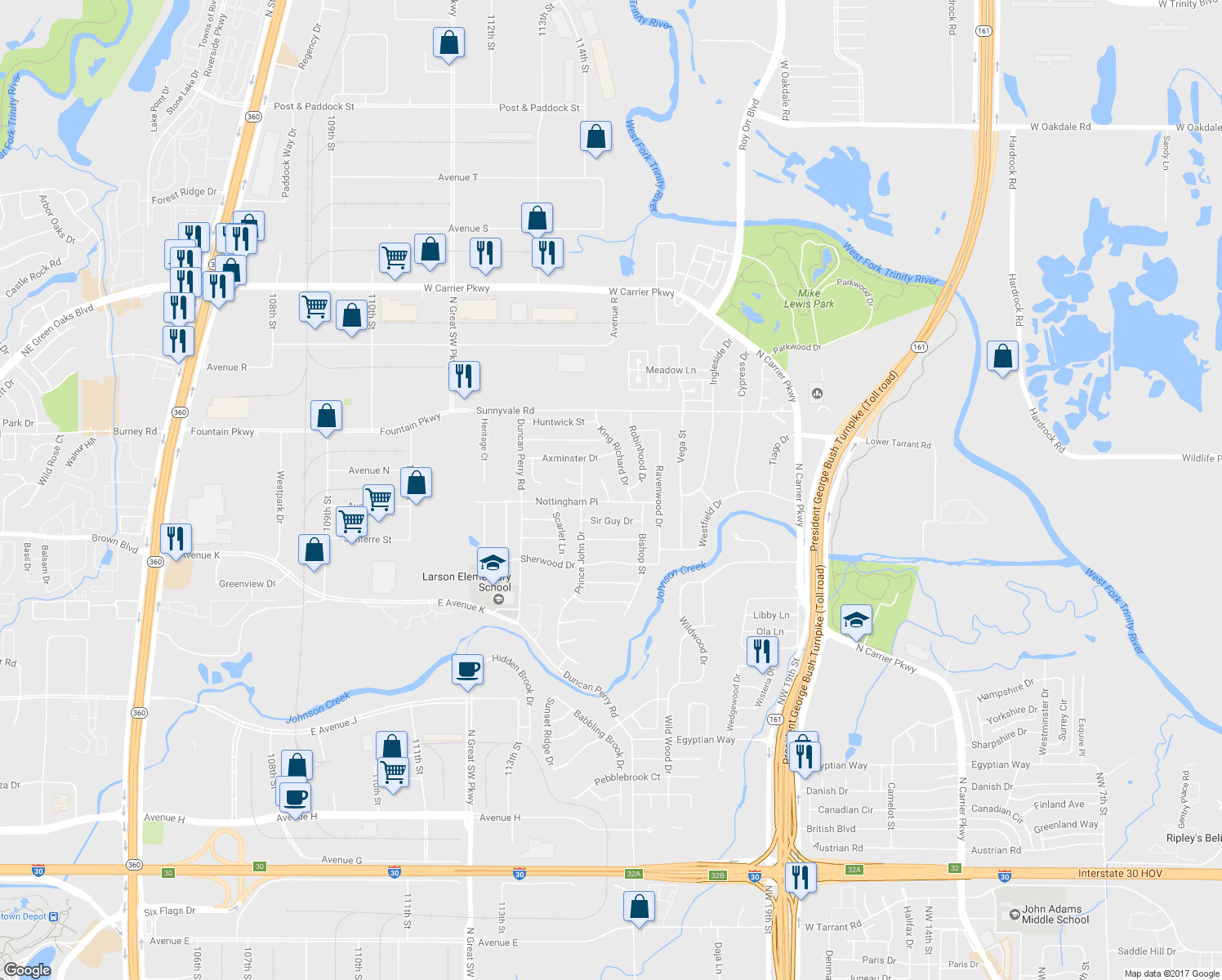 map of restaurants, bars, coffee shops, grocery stores, and more near 2306 Silver Horn Drive in Grand Prairie