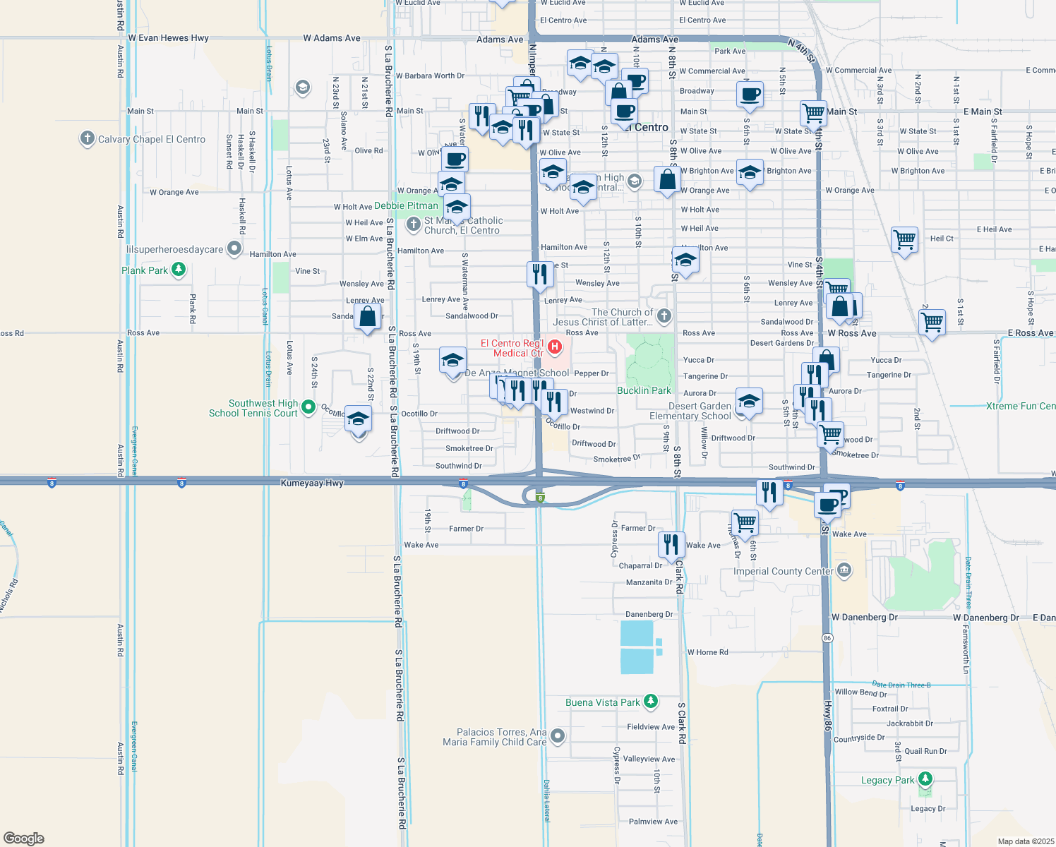 map of restaurants, bars, coffee shops, grocery stores, and more near 1501 Ocotillo Drive in El Centro