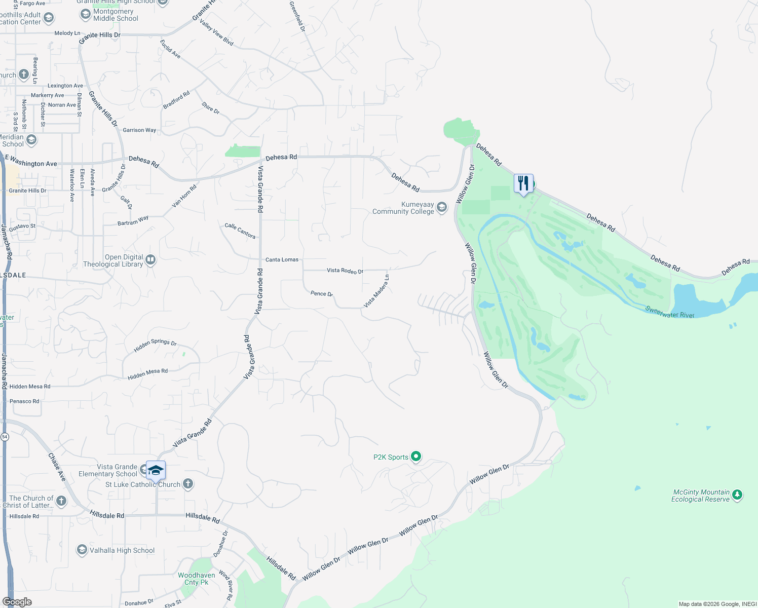 map of restaurants, bars, coffee shops, grocery stores, and more near 1077 Vista Madera Lane in El Cajon