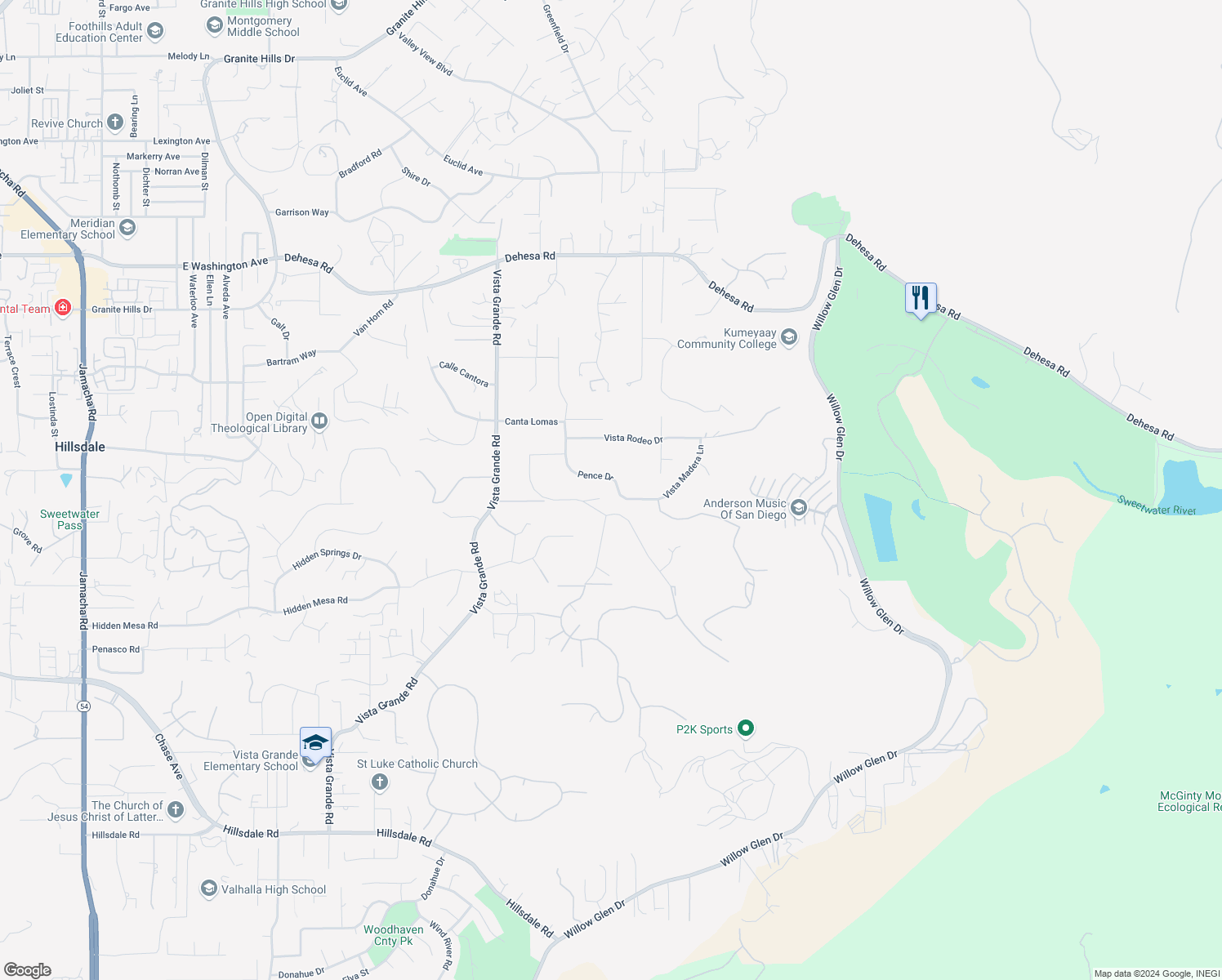 map of restaurants, bars, coffee shops, grocery stores, and more near 2441 Pence Drive in El Cajon