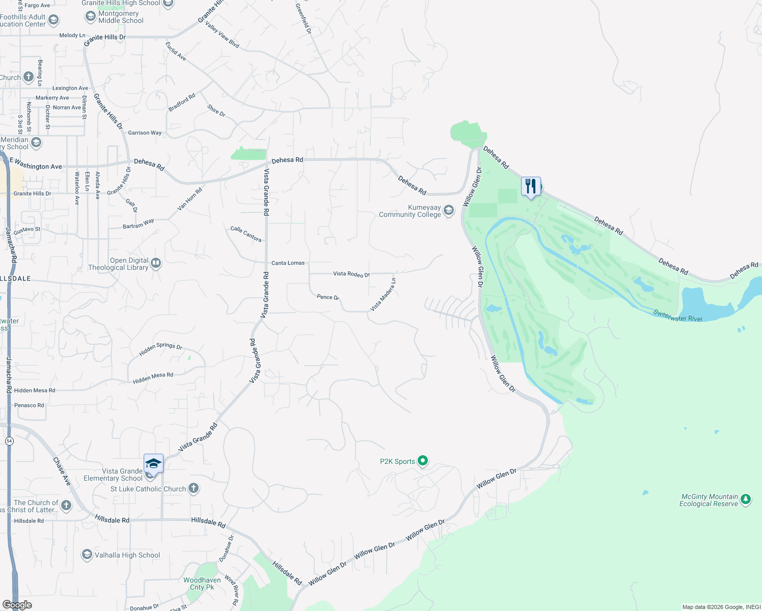 map of restaurants, bars, coffee shops, grocery stores, and more near 1077 Vista Madera Lane in El Cajon