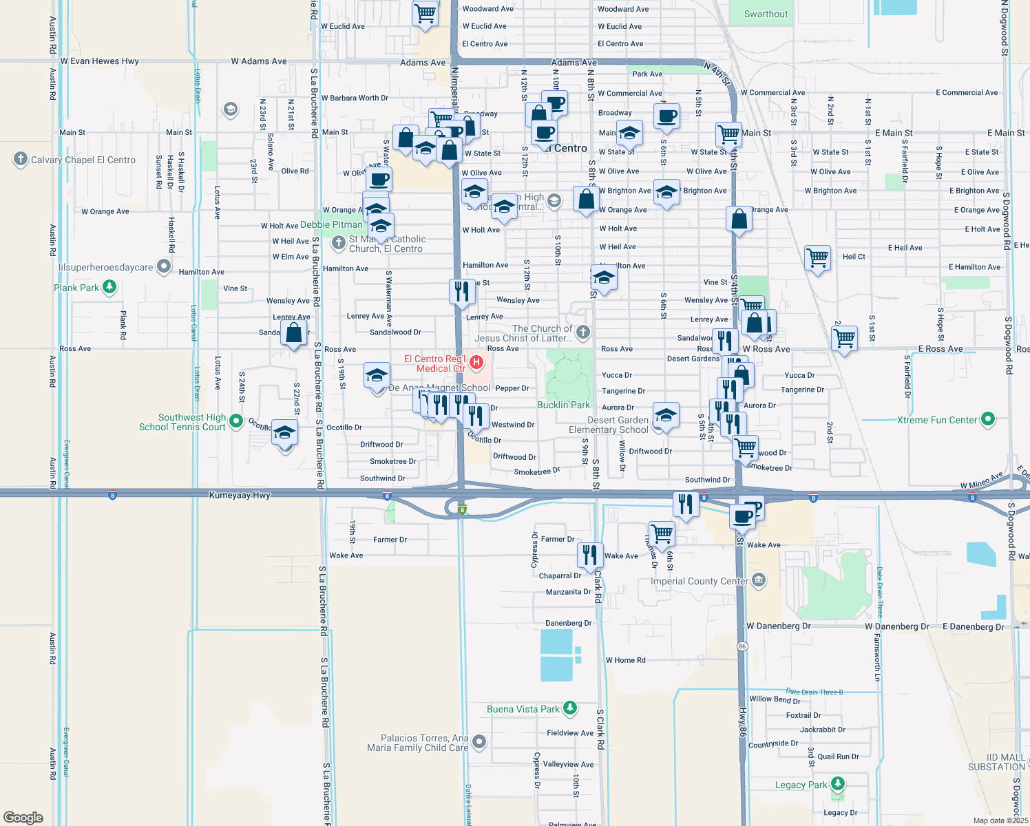 map of restaurants, bars, coffee shops, grocery stores, and more near 1245 Aurora Dr in El Centro