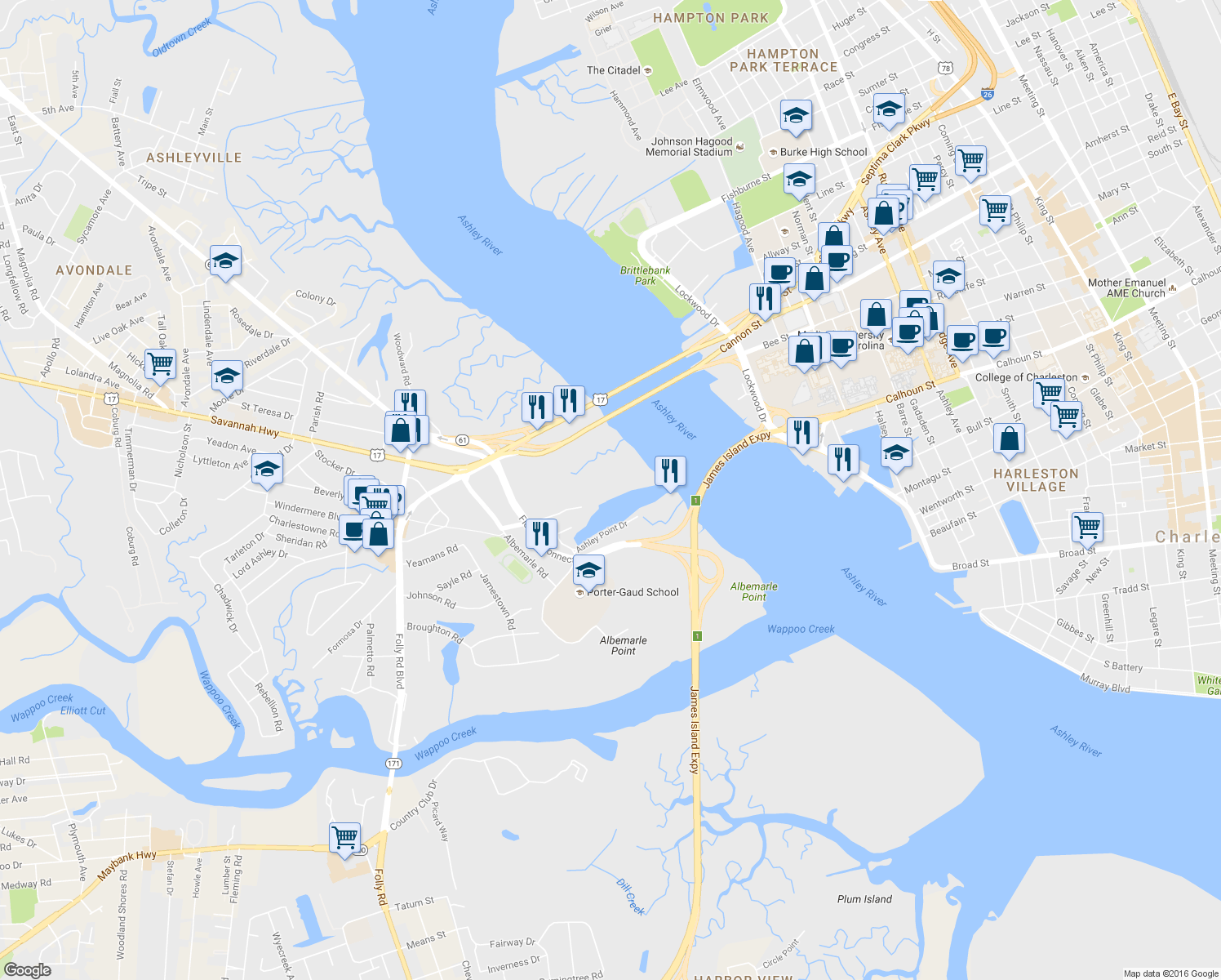 map of restaurants, bars, coffee shops, grocery stores, and more near 116 Ripley Point Drive in Charleston