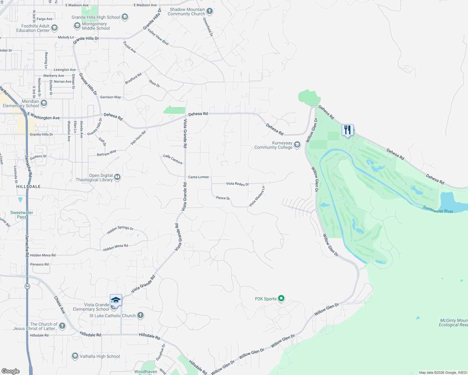 map of restaurants, bars, coffee shops, grocery stores, and more near 2307 Vista Rodeo Drive in El Cajon