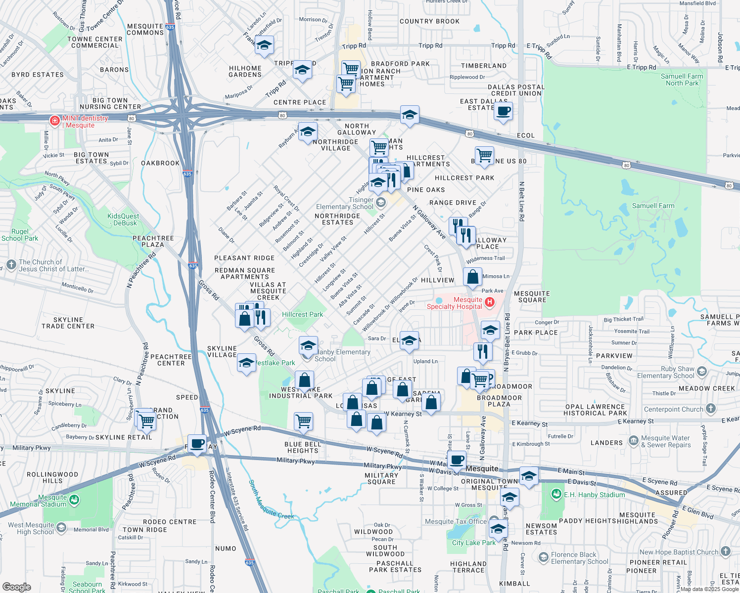 map of restaurants, bars, coffee shops, grocery stores, and more near 1420 Summit Street in Mesquite