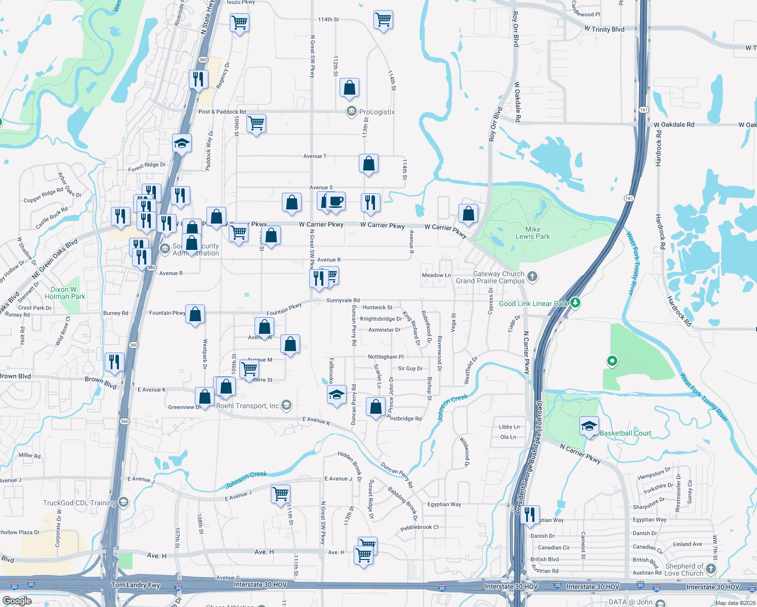 map of restaurants, bars, coffee shops, grocery stores, and more near 2522 Huntwick St in Grand Prairie