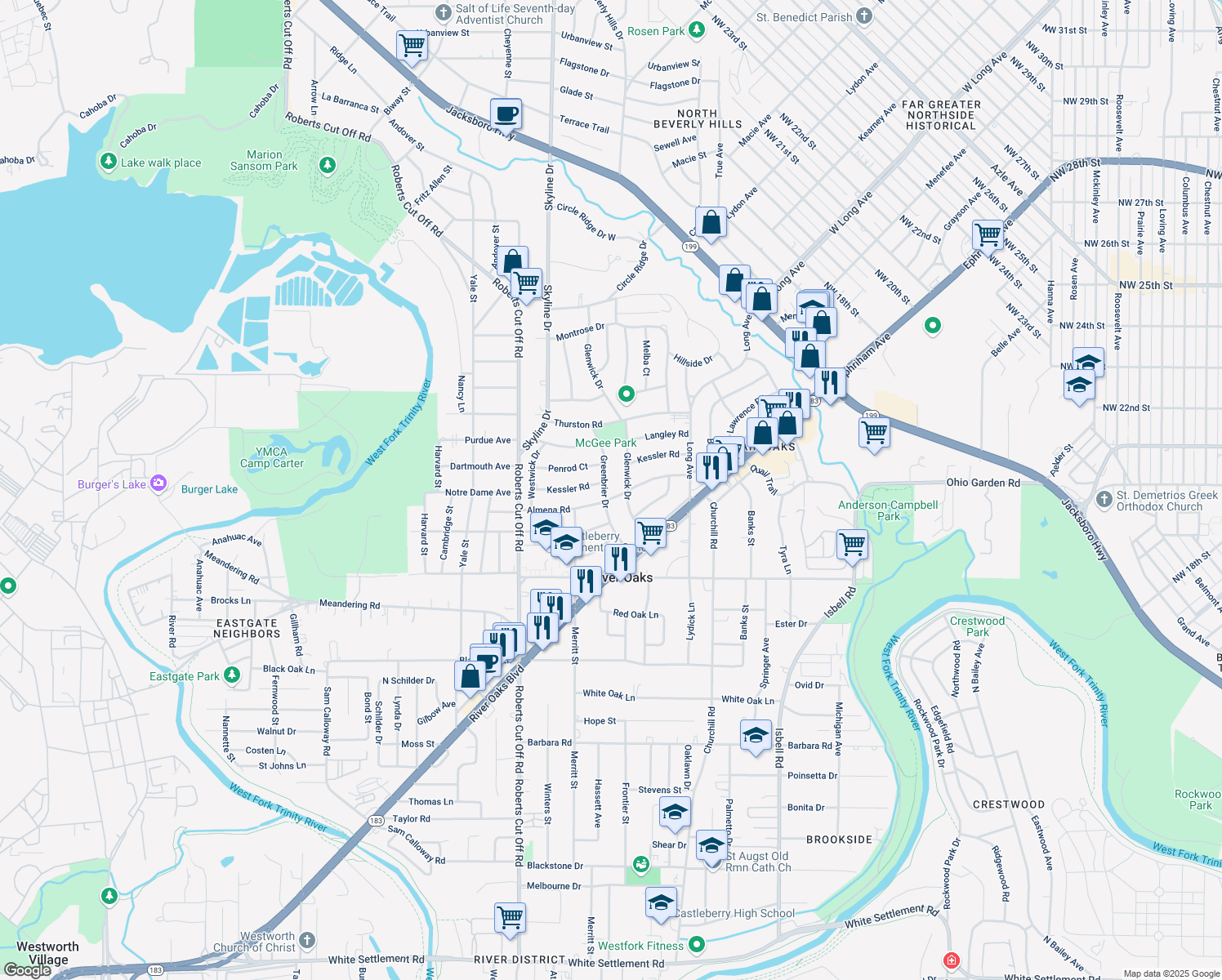 map of restaurants, bars, coffee shops, grocery stores, and more near 1304 Greenbrier Dr in River Oaks