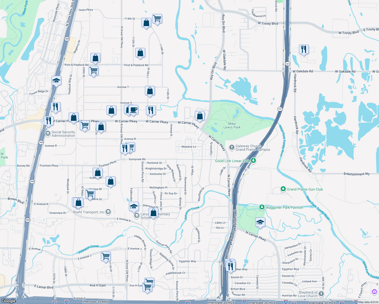 map of restaurants, bars, coffee shops, grocery stores, and more near 2413 Vega Street in Grand Prairie