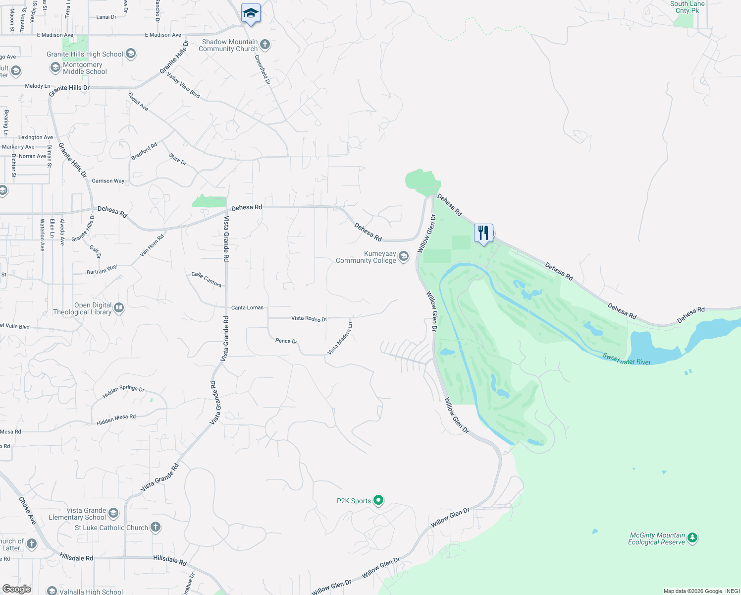 map of restaurants, bars, coffee shops, grocery stores, and more near 1064 Singing Ridge Road in El Cajon