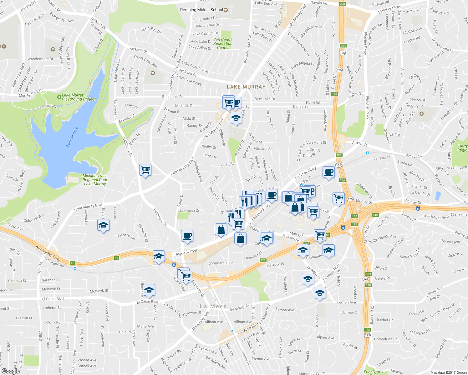 map of restaurants, bars, coffee shops, grocery stores, and more near 5635 Dugan Avenue in La Mesa