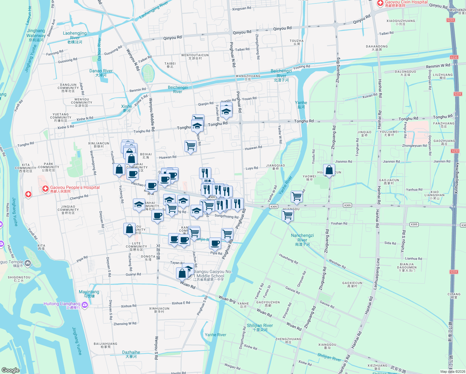 map of restaurants, bars, coffee shops, grocery stores, and more near in Yangzhou