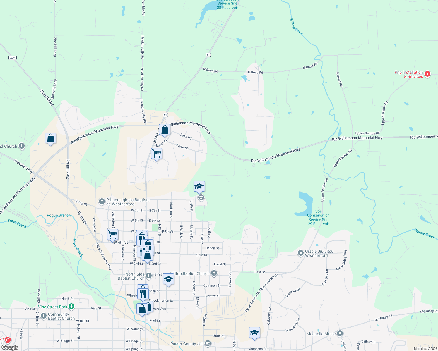 map of restaurants, bars, coffee shops, grocery stores, and more near 2284 Tanglewood Street in Weatherford