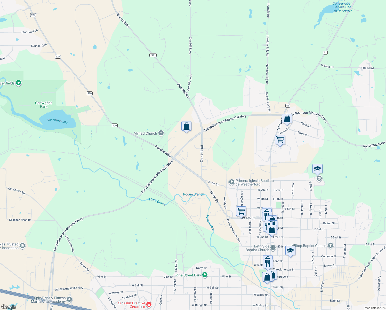 map of restaurants, bars, coffee shops, grocery stores, and more near 215 Zion Hill Rd in Weatherford