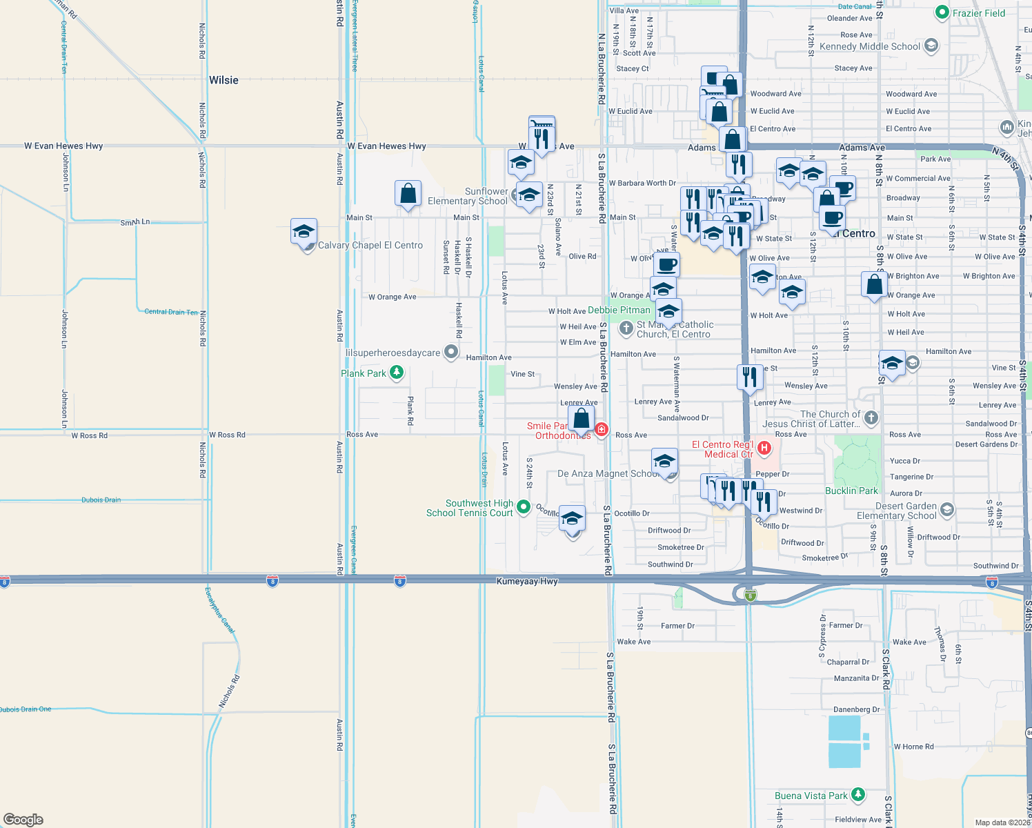 map of restaurants, bars, coffee shops, grocery stores, and more near 2470 Sandalwood Dr in El Centro