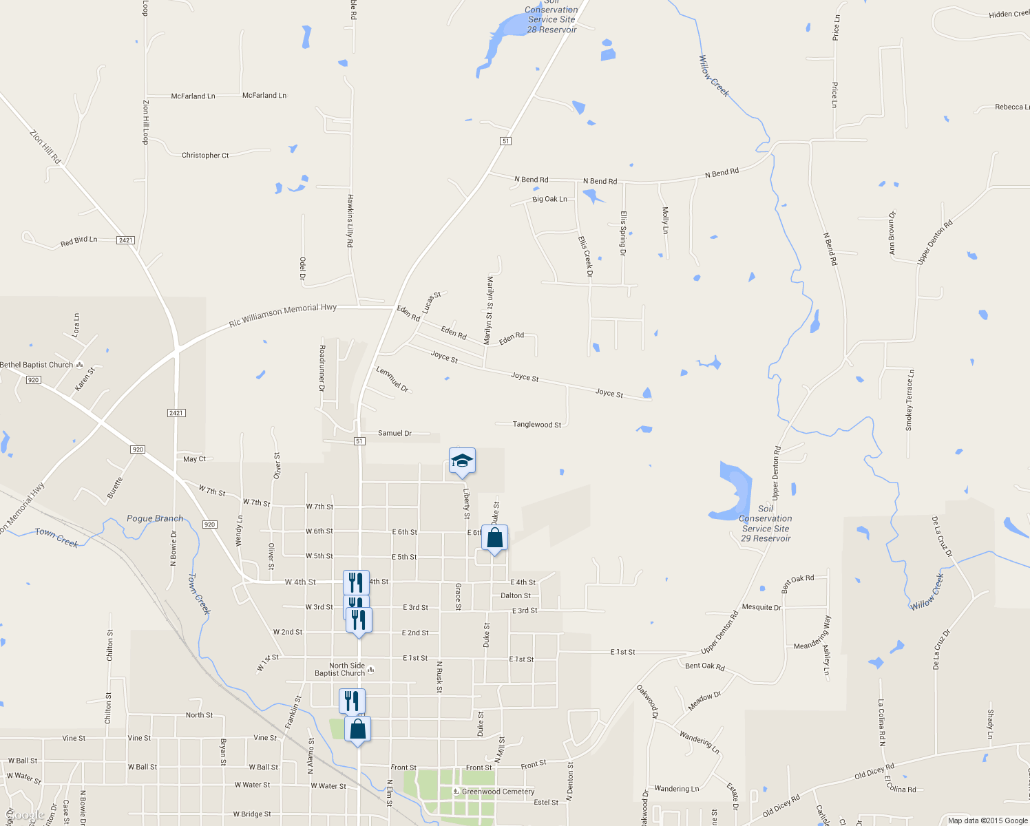 map of restaurants, bars, coffee shops, grocery stores, and more near 2349 Tanglewood Street in Weatherford