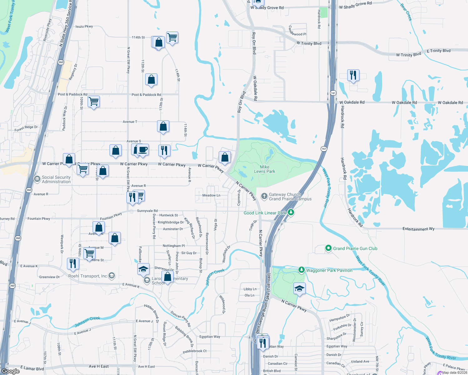 map of restaurants, bars, coffee shops, grocery stores, and more near 2518 Ingleside Dr in Grand Prairie