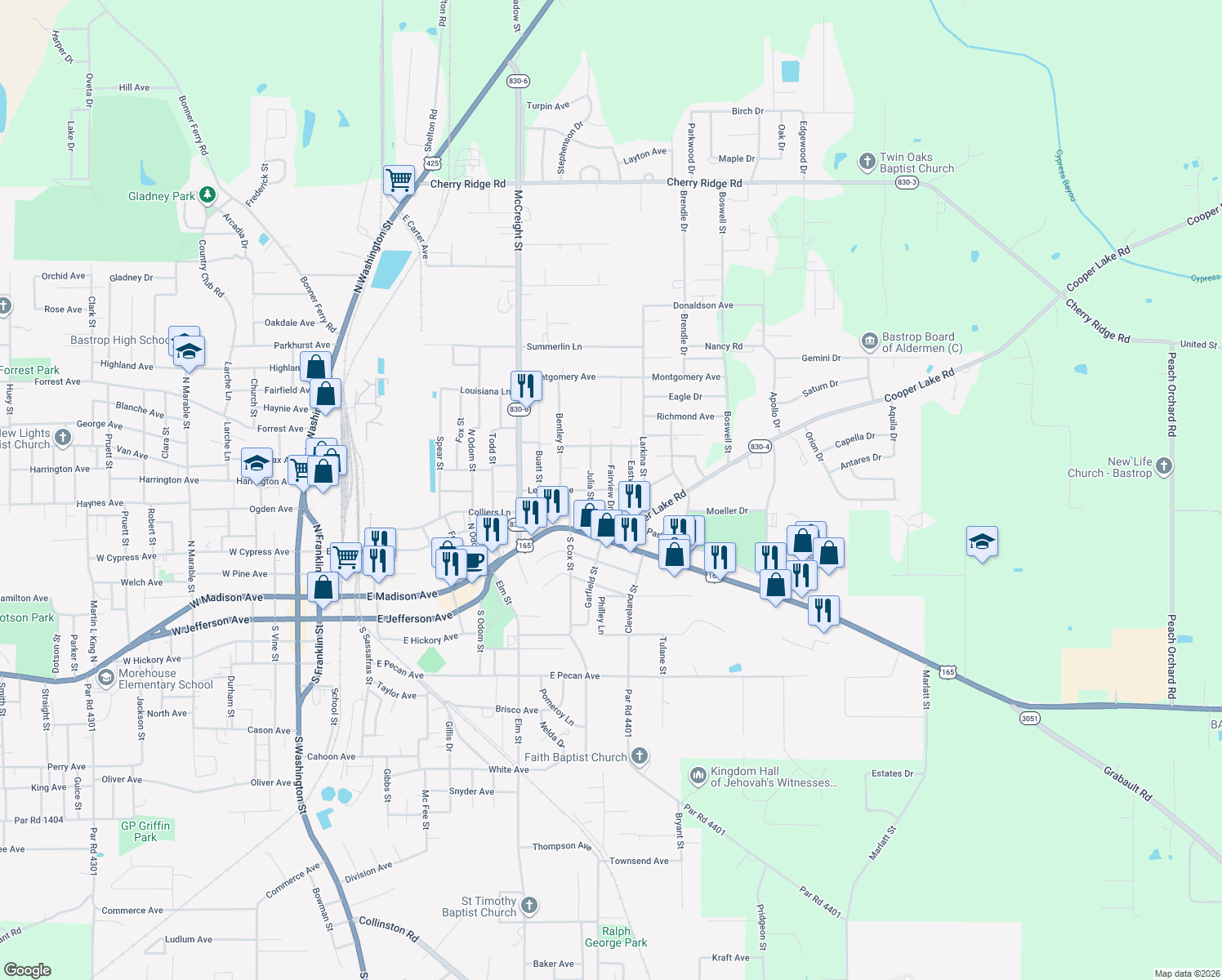 map of restaurants, bars, coffee shops, grocery stores, and more near 198 Fairview Drive in Bastrop