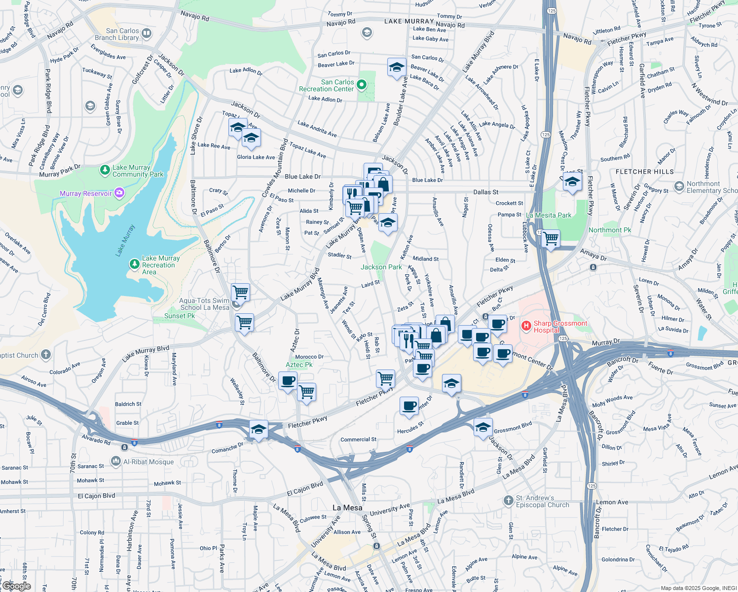 map of restaurants, bars, coffee shops, grocery stores, and more near 8195 Chaz Place in La Mesa