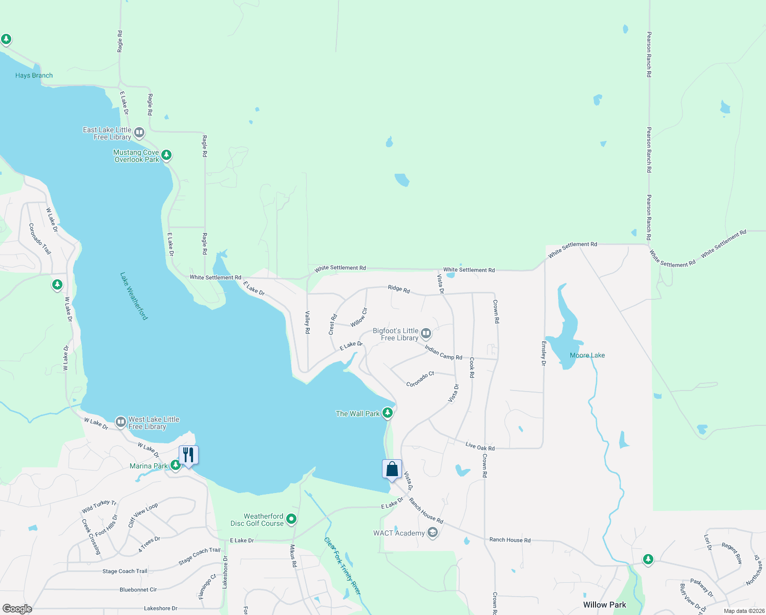 map of restaurants, bars, coffee shops, grocery stores, and more near 491 Elbow Court in Weatherford