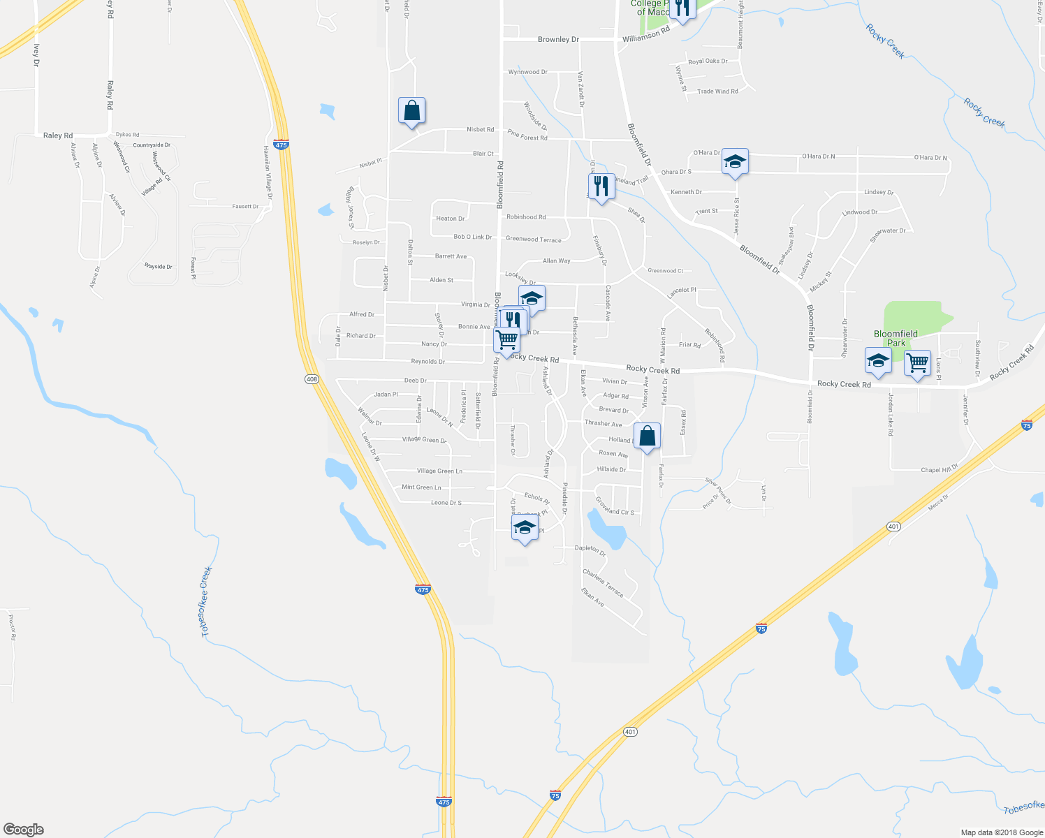 map of restaurants, bars, coffee shops, grocery stores, and more near 4336 Thrasher Circle in Macon