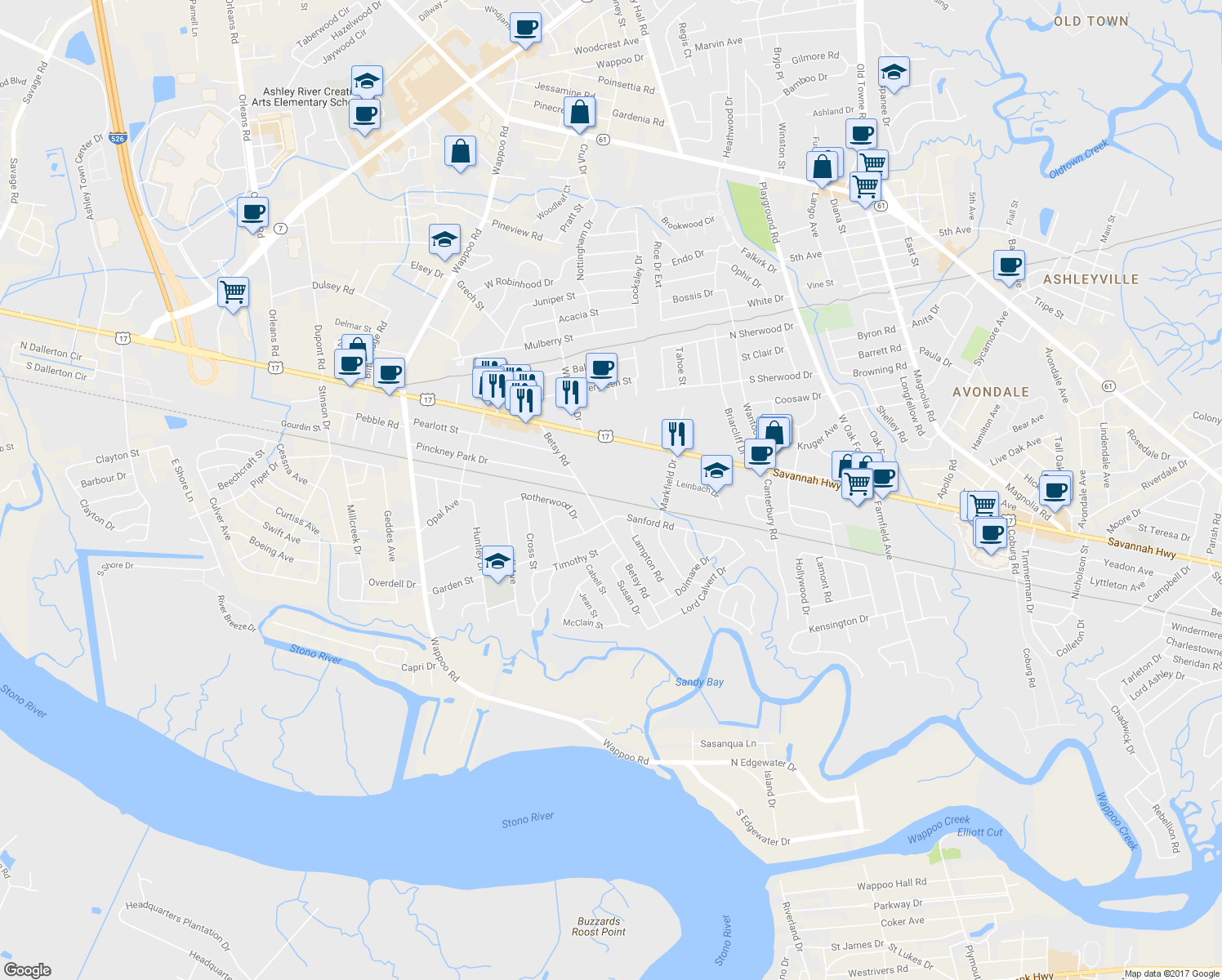 map of restaurants, bars, coffee shops, grocery stores, and more near 1625 Savannah Highway in Charleston