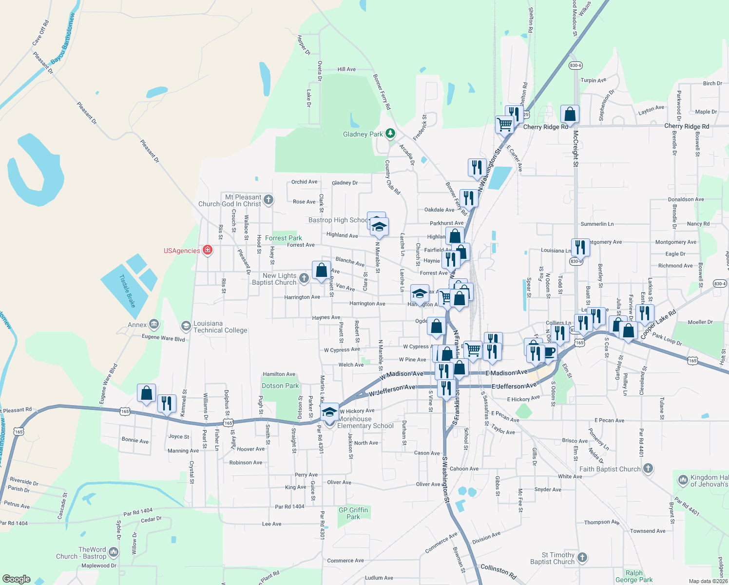 map of restaurants, bars, coffee shops, grocery stores, and more near 701 Van Avenue in Bastrop